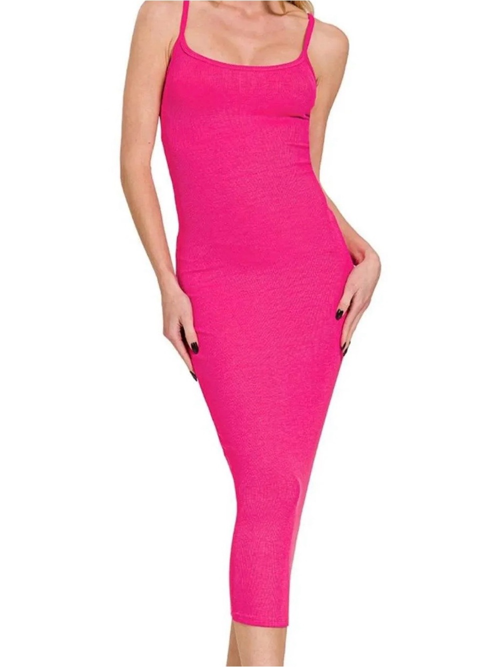 Zenana 💖 Ribbed Bodycon Midi Dress Hot Pink Small, Medium, Large - Picture 1 of 5